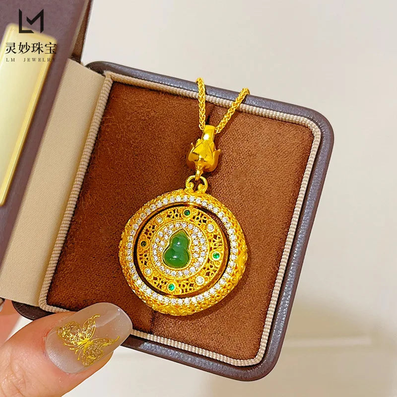 Women's 24K Gold Rotatable Hollow Pendant, AU999 | Distressed hollow-texture, rustic elegance for everyday grace.