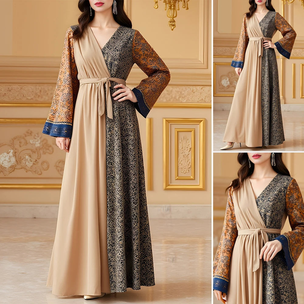 Rafiah Summer Long Dress 2025 Arabian Dress Sophisticated Graphic Printing Long Sleeve V-Neck Maxi Evening Dresses For Women