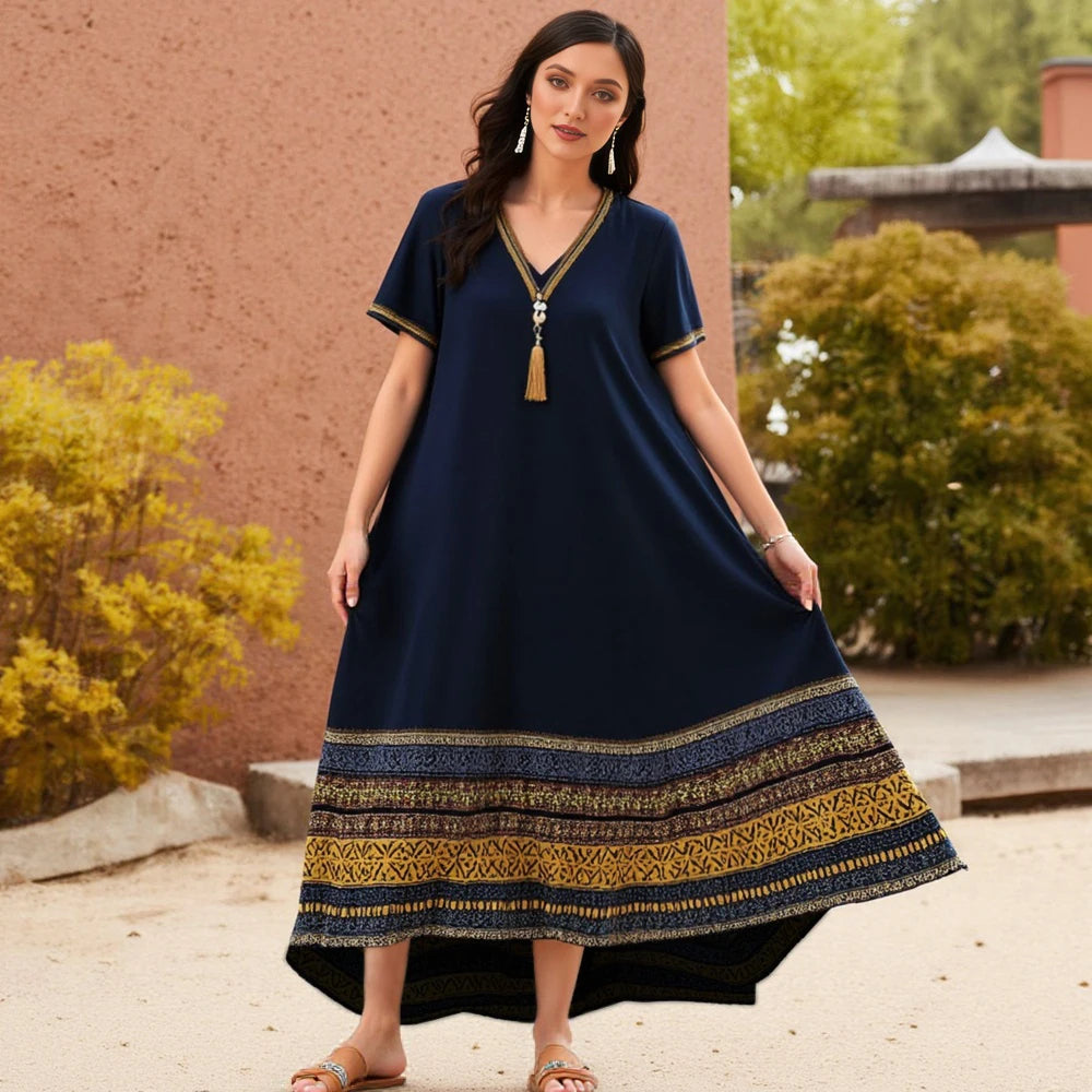 Rafiah Women's Summer Long Dress Arabian Casual Contrast Color Asymmetrical Draped Short Sleeve V-Neck Indie Folk Dress