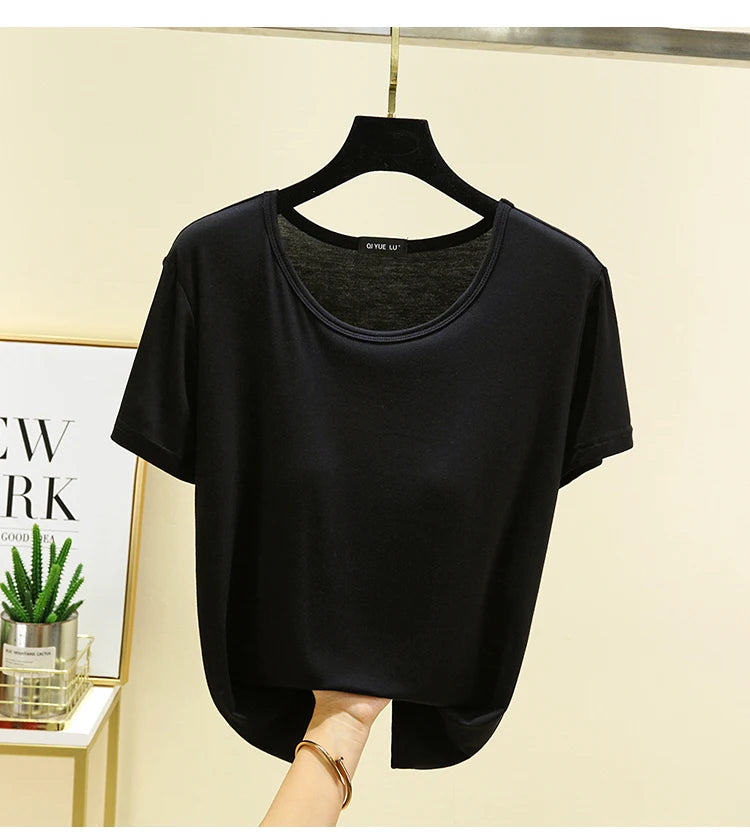 Loose Modal T-irt Women's Spring Summer round Ne ort Sve Built-In Bra Large Size Base irt Casual Sle Summer Top