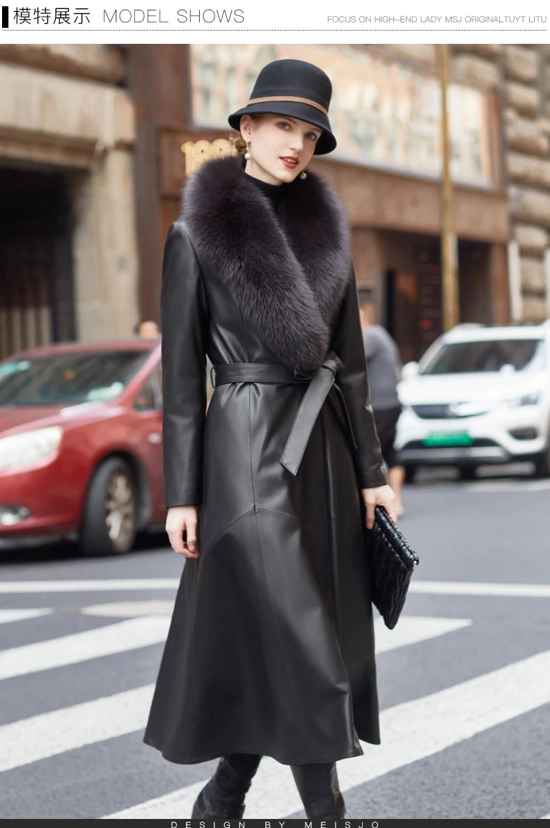 YOLANFAIRY Genuine Leather Down Jacket for Women Elegant Long Coat Women's Winter Jacket Slim Fox Fur Collar Sheepskin Clothes
