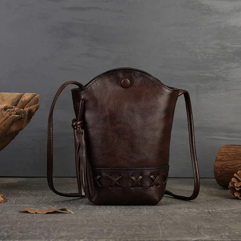 MOTAORA New Small Cowhide Women Shoulder Bag Casual Tassel Bucket Handbag Mini Genuine Leather Mobile Phone Crossbody Bag Purse