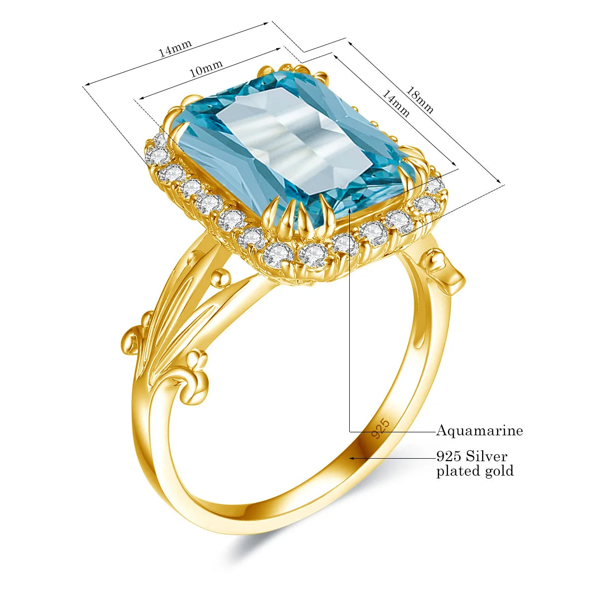 Szjinao High Quality Woman Ring 925 Sterling Silver Aquamarine Rings Gold Plated Luxury Elegant Banquet Party Fine Jewelry
