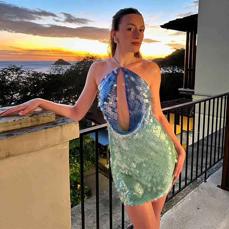 Glitter Sequins Spaghetti Strap Evening Gown – Women’s Sleeveless Backless Floor-Length Party Dress