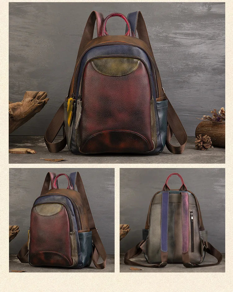 MOTAORA 2025 Soft Cowhide Leather Backpack Large Capacity Two-Tone Spliced Hand Painted College Student Travel Hiking Casual Bag