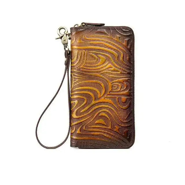 MOTAORA Women's Genuine Leather Long Wallet Retro Vintage Cowhide Bifold Card Holder Phone Purse Handmade Zipper Coin Pocket