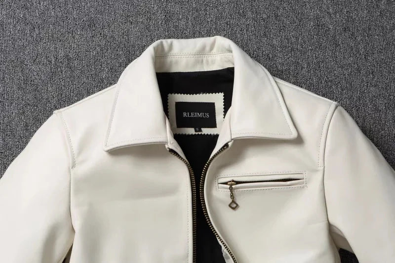 Men's Genuine Leather Jacket White Lapel Calfskin Jacket Natural Cowhide Men's Coat Slim Fit Top Layer Cowhide Biker Jacket