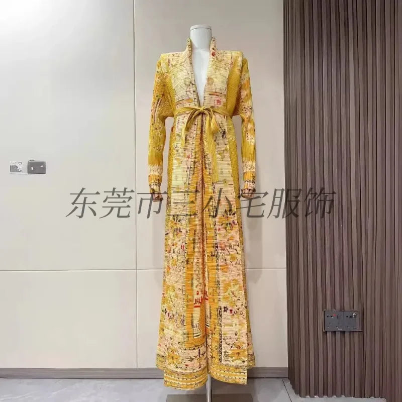 KAF Pleated Large Size Women Trench Coat 2024 Spring and Autumn New Vintage Printed Design Luxury Female Coat Arabian Abaya