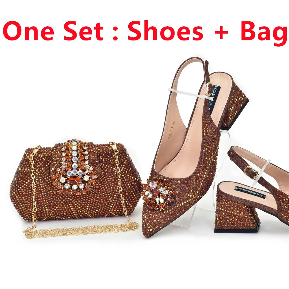 Elegant Baldauren Women’s Italian-Style Pointed Toe Slingback Pumps with Crystal Rhinestones & Matching Bag – African Party & Wedding Set (Sizes 37-43)