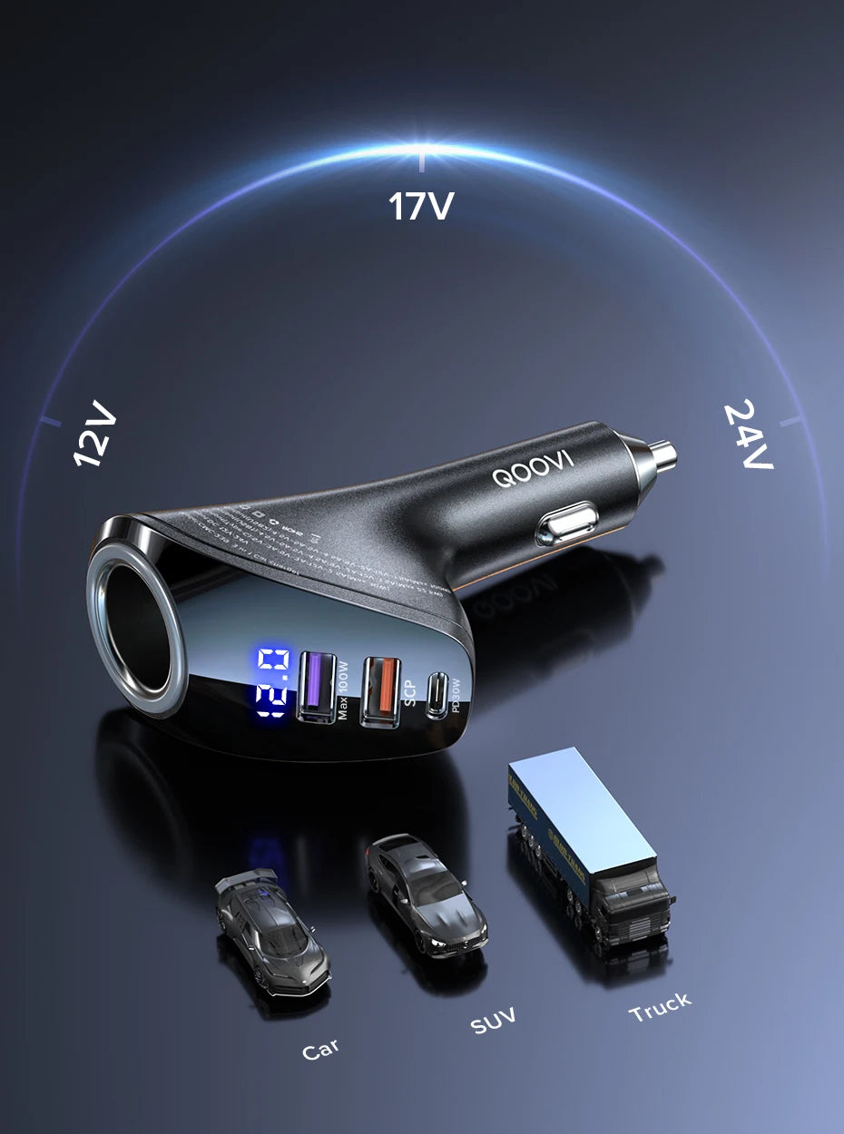 QOOVI 150W 4-Ports Car Charger USB Type C Super Fast Charging PD 4.0 Cigarette Lighter Socket For iPhone Xiaomi Samsung Huawei