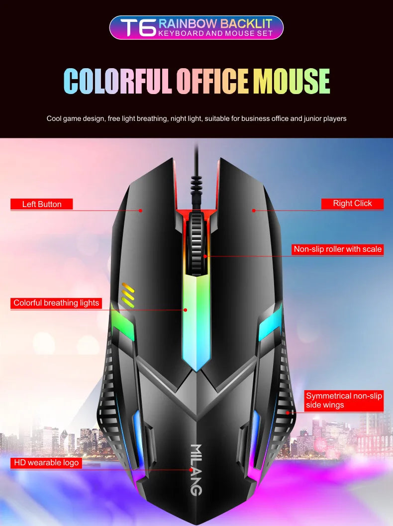 Rainbow Backlit Wired Keyboard and Mouse,Floating Keycap Strong, Wear-resistant, Comfortable Feel Keyboard for Business Office