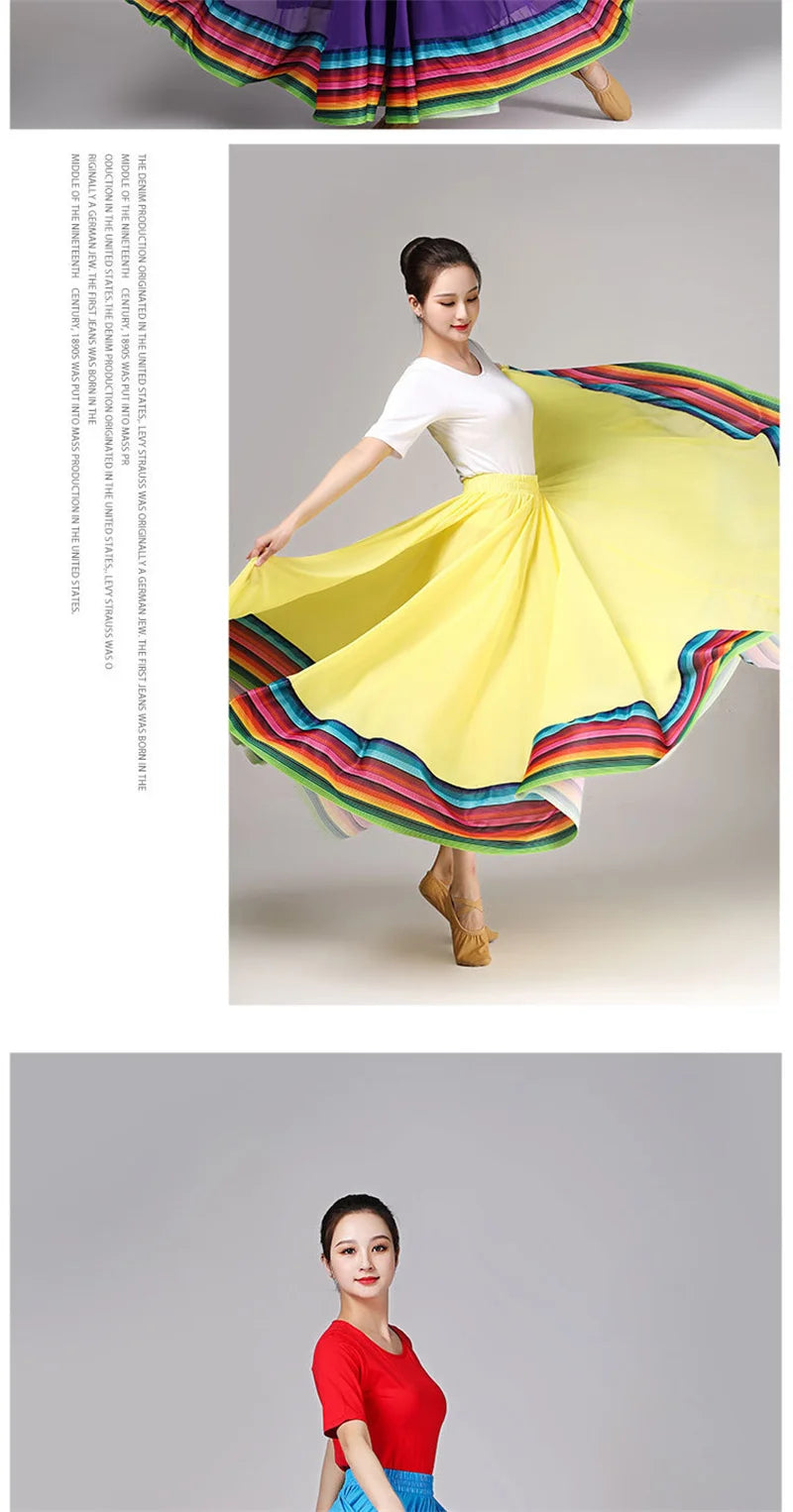 Streetwear Elegant Dance Performance Skirt Women Chiffon Skirts Rainbow-edge Elastic-Waist 720-Degrees Square Danc Maxi Skirts