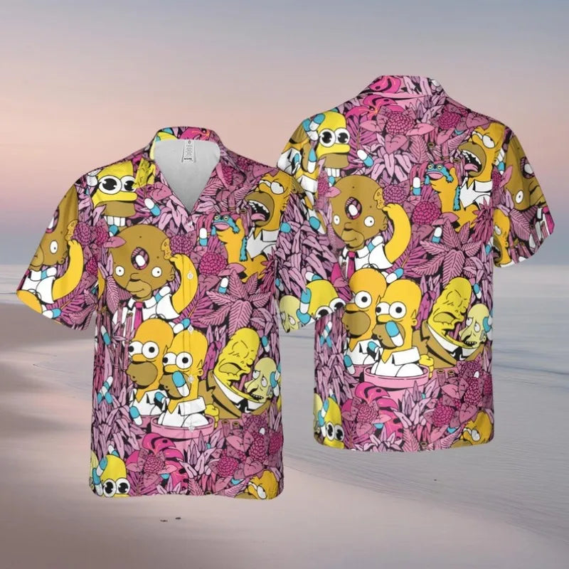 The Simpsons Cartoon Short Sleeve Shirt Men's Hawaiian Summer Beach Shirt Casual Fun T-Shirt Anime Oversized Girls T-Shirt