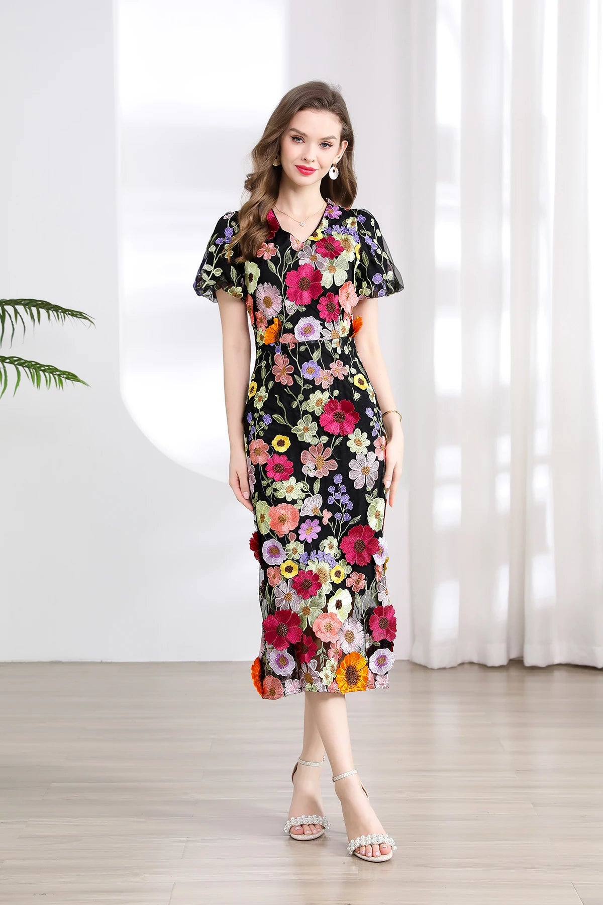 Summer High-end Embroidery Lace Prom Dress Women French Luxury 3D Flower Short Sleeve Long Dress Party Bodycon Holiday Vestido