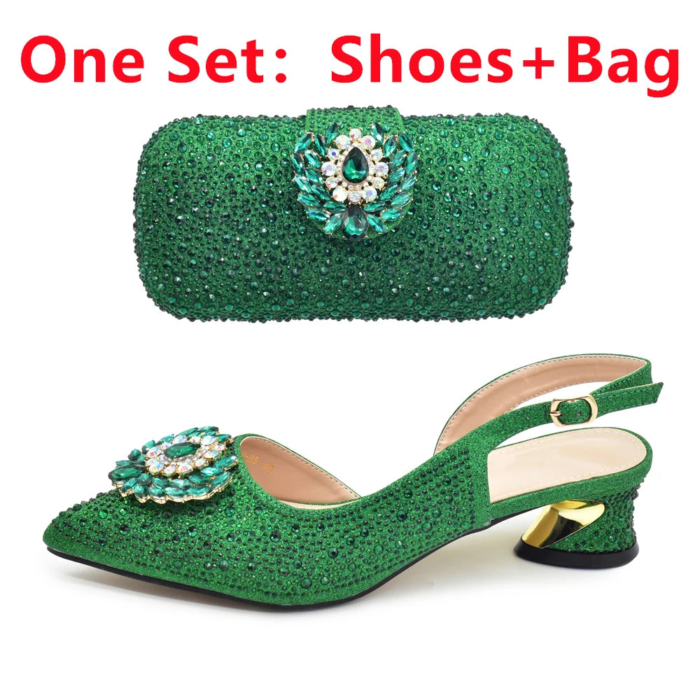 New Italian Shoe and Bag 2025 High Quality Luxury Full Diamond Italian Shoes and Bags Matching Set Decorated with Rhinestone