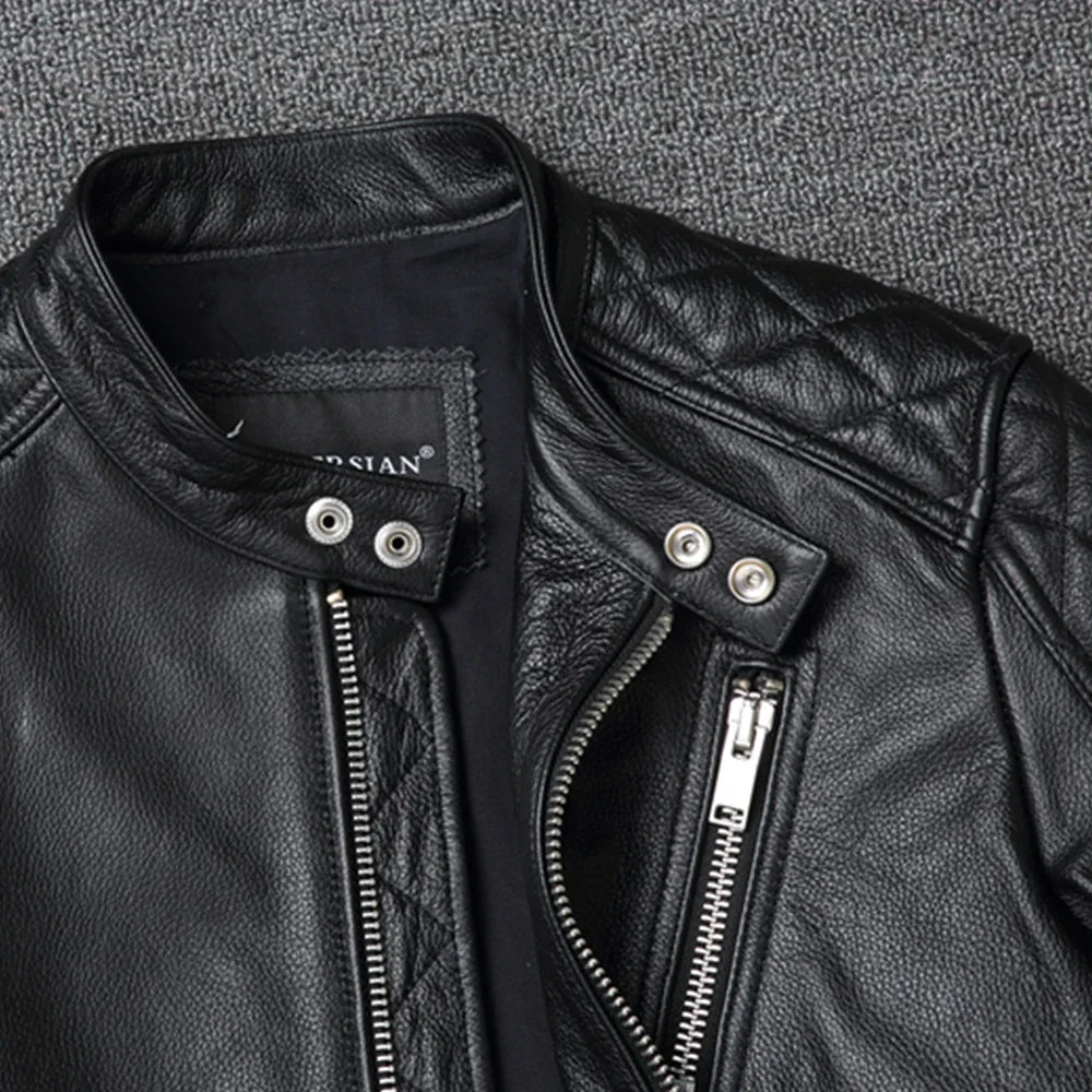 New fashion Men Leather Jacket 100% Genuine Cowhide Coat White Stripes Cool Biker Slim Short Autumn Leather Clothing.