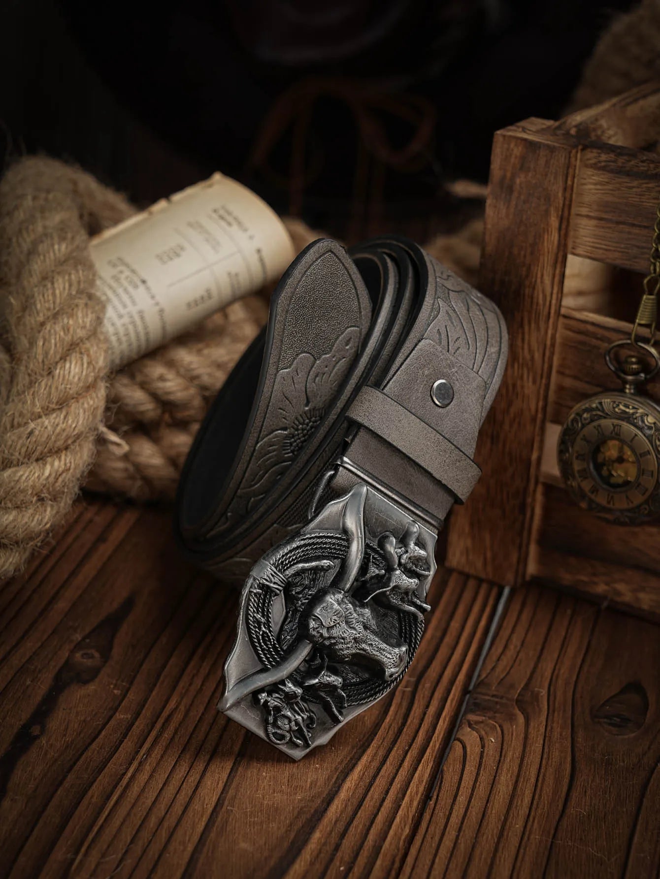 Western Cowboy PU Leather Belt - Men Waist Strap Bull Decoration Floral Engraved for Jeans