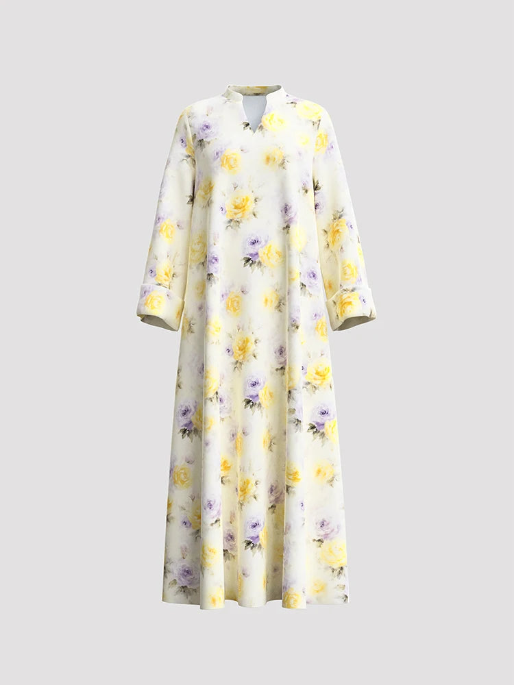 Rafiah Women's Even Dress Arabian 2025 Summer Elegant Contrast Color Flower Print Long Flare Sleeve Half Open Collar Long Dress