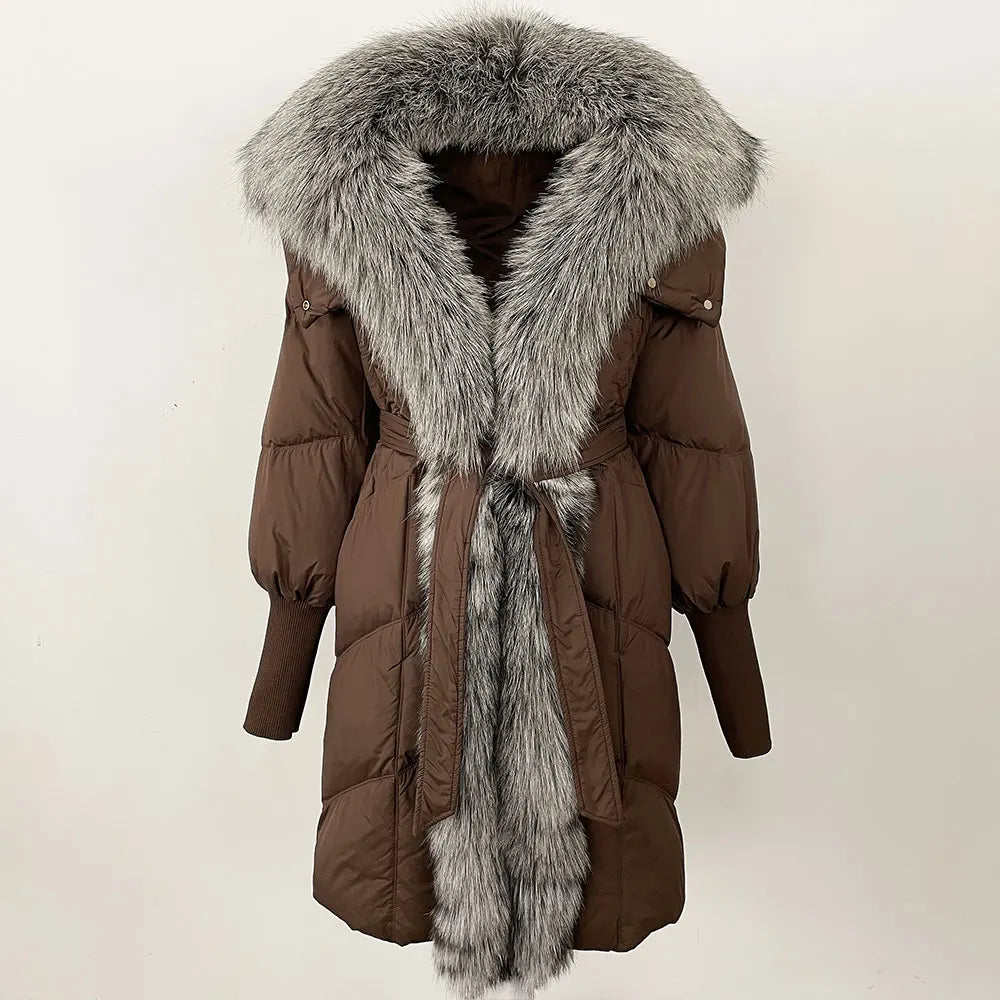 2025 Autumn Winter Women Coat Real Natural Fox Fur Long Down Jacket Thick Warm Casual Hooded White Duck Down Elegant Overwears