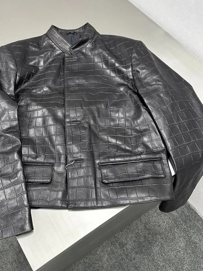 Male Genuine Leather Jackets New Chinese Zhong Shan Suit Slim Fit Handsome Casual Autumn Crocodile Print Natural Sheepskin Coat