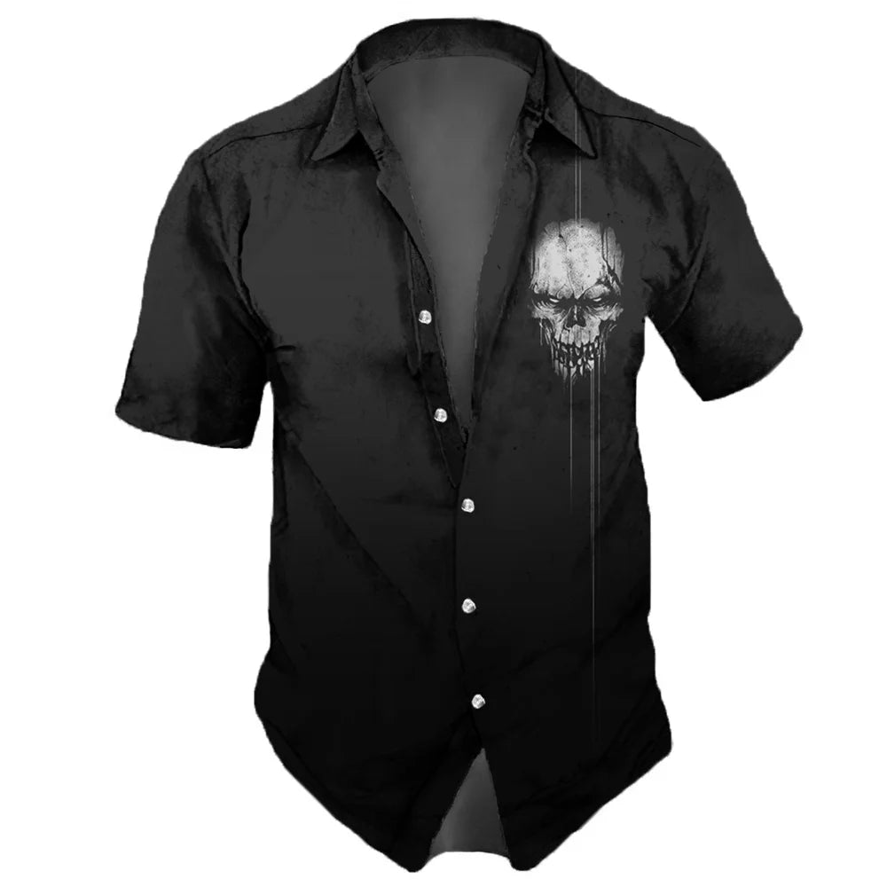 2023 Men's Shirts Lapel Streetwear Vintage Shirt For Men Skull Hip Hop Short Sleeve Top Party Summer Casual Hawaiian