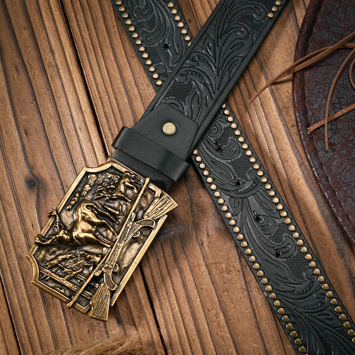Men - Women - Western Denim - pu leather - Belt - Vintage jeans with carved buckle belt