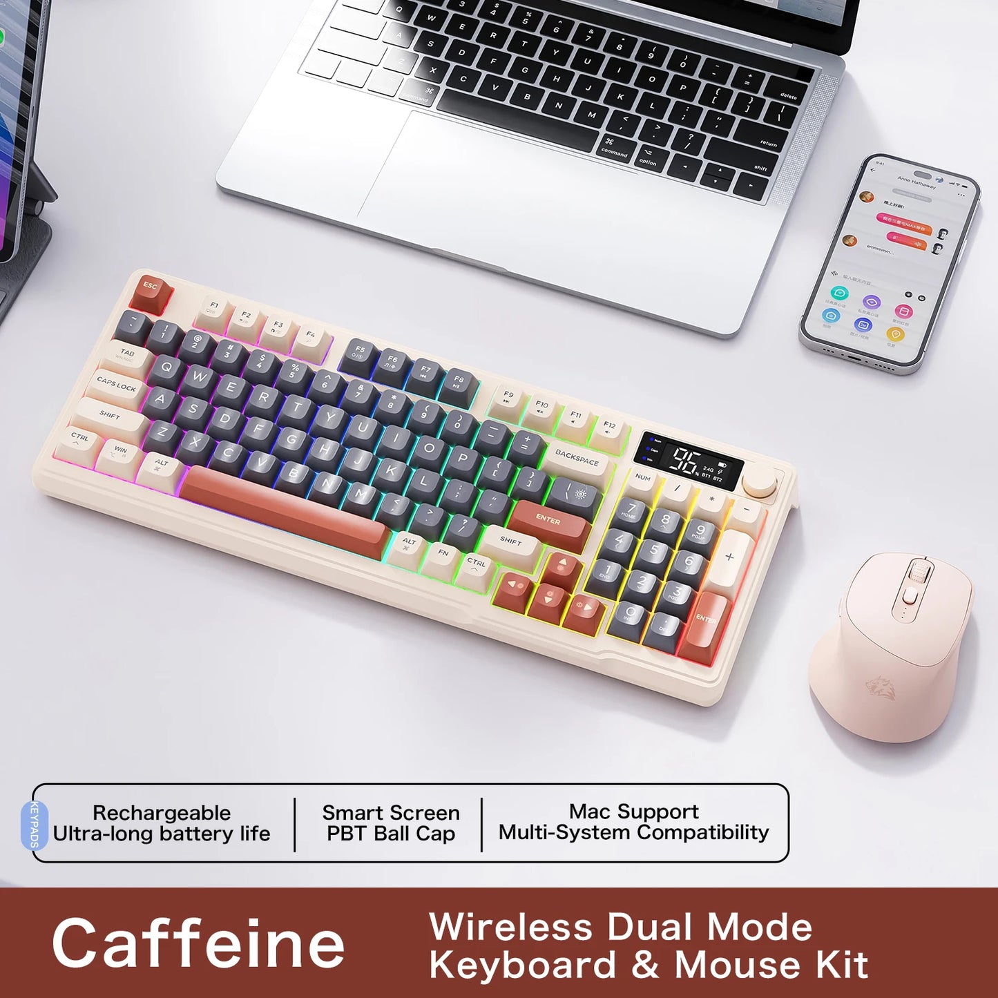 M96 Screen Wireless Keyboard Mouse Kit with Media Knob,ZIYOULANG Bluetooth Keyboard Mouse Combos,Multi-Device Connection,PBT Cap