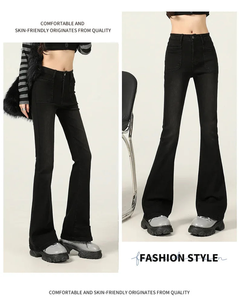 American Style Vintage Jeans Women's Slim Fit High Street Bootcut Pants 2024 Autumn Winter Slimming Petite Bootcut Trousers
