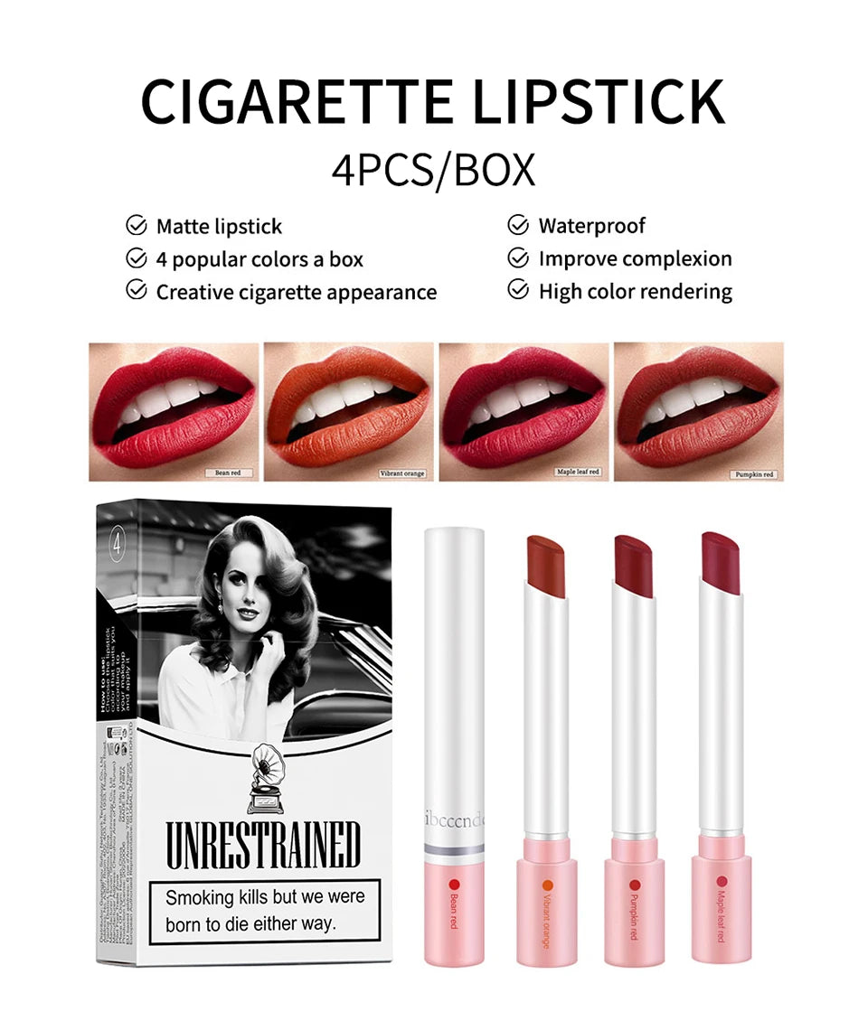 4Colors/set Cigarette Lip Gloss Set Velvet Matte Waterproof Long-lasting Lip Non-Stick Cup Cigarette Lipstick Makeup For Women