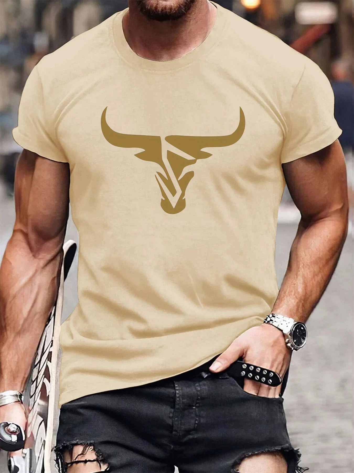 Summer men's 100% pure cotton casual loose fit plus size bull pattern printed comfortable round neck short sleeved T-shirt top