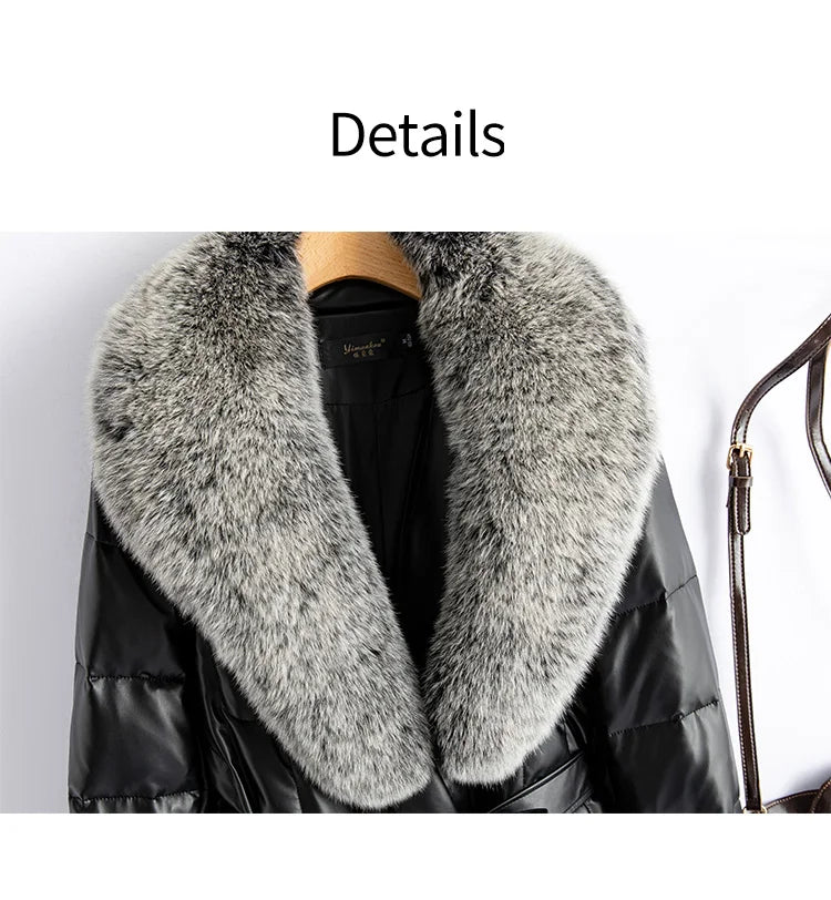 New Women Winter Leather Down Coat Fashion Real Fox Fur Collar Slim Waist Long Leather Coat Casual Thick Warm Overcoat