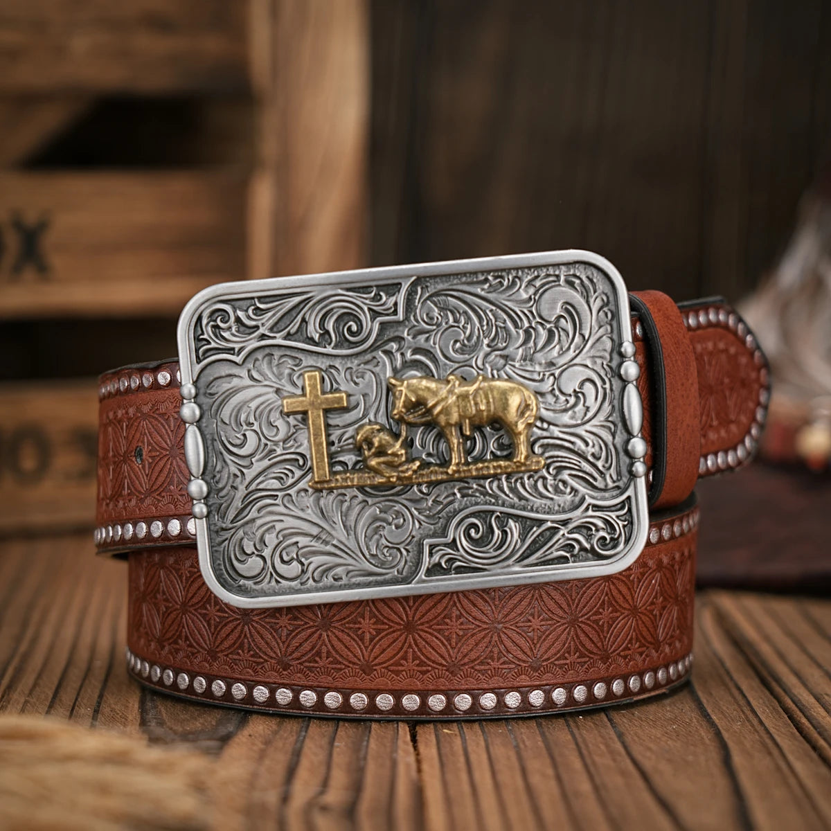 Men - Women - Western Denim - pu leather - Belt - Vintage jeans with needle buckle brown belt