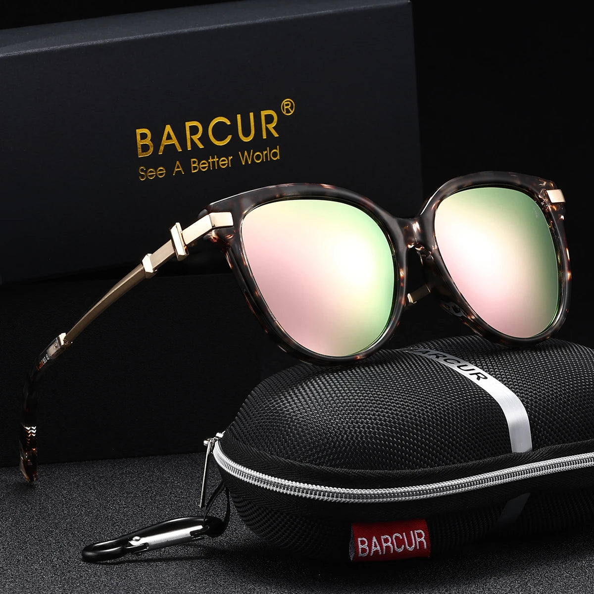 BARCUR Fashion Casual Women Sunglasses Retro Leopard Color Blocked PC Cat Eye Frame Alloy Mirror Legs UV400 Polarized Sunglasses