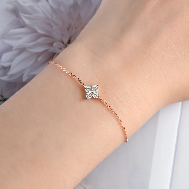 Lnngy Moissanite Four Leaf Flower Chain Bracelet for Women 925 Sterling Silver Niche Simple Desgin Bracelets Jewelry Accessories
