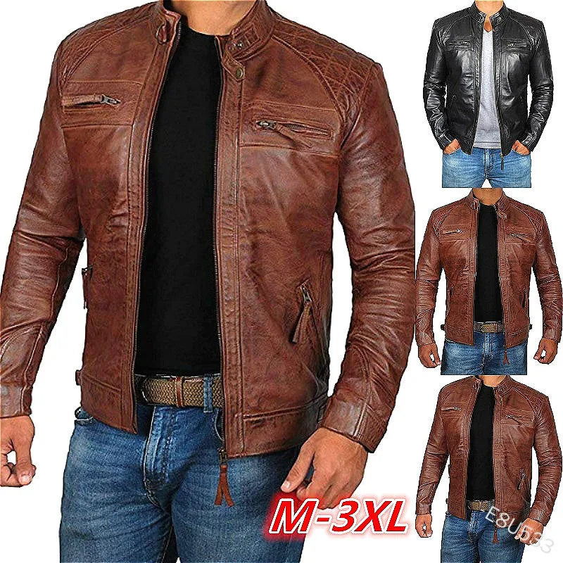 Men's Biker Leather Jacket Stand-up Collar Punk Leather Jacket Motorcycle Wear Leather Zipper Jacket Coat Hip Hop Streetwear