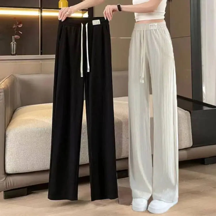 High Quali Ice Silk Wide Leg Pants Women's Straight Leg Casual Trousers Summer New Sle Trendy High Waist Nine Points
