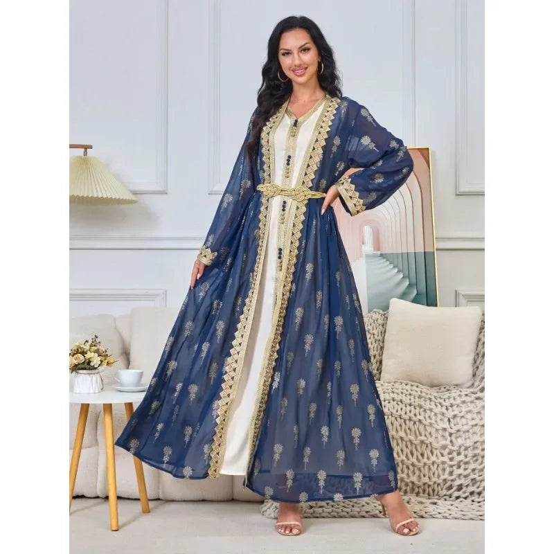 KAF Women Luxury Evening Party Dress 2 Piece Printed Embroidered Cardigan Long Jacket V-Neck Sleeveless Dress 2025 Spring New