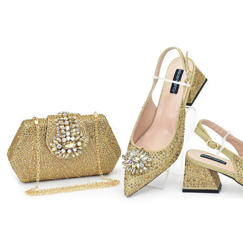 Elegant Baldauren Women’s Italian-Style Pointed Toe Slingback Pumps with Crystal Rhinestones & Matching Bag – African Party & Wedding Set (Sizes 37-43)