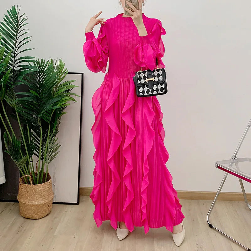 Fashion Ruffles Pleated Dress Women Round Neck Flare Sleeves Solid Maxi Belt Dresses Party 2025 Autumn New