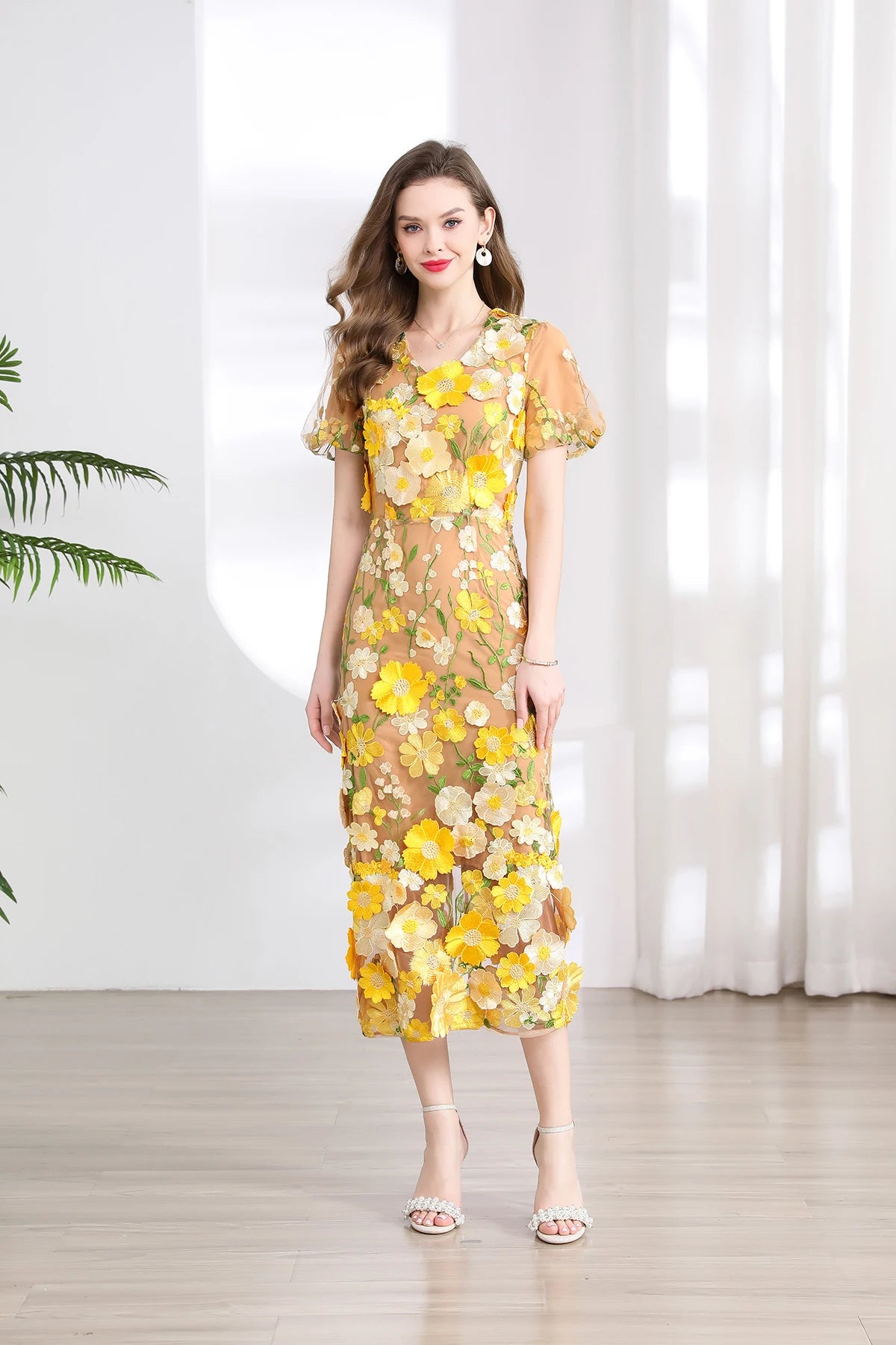 Summer High-end Embroidery Lace Prom Dress Women French Luxury 3D Flower Short Sleeve Long Dress Party Bodycon Holiday Vestido