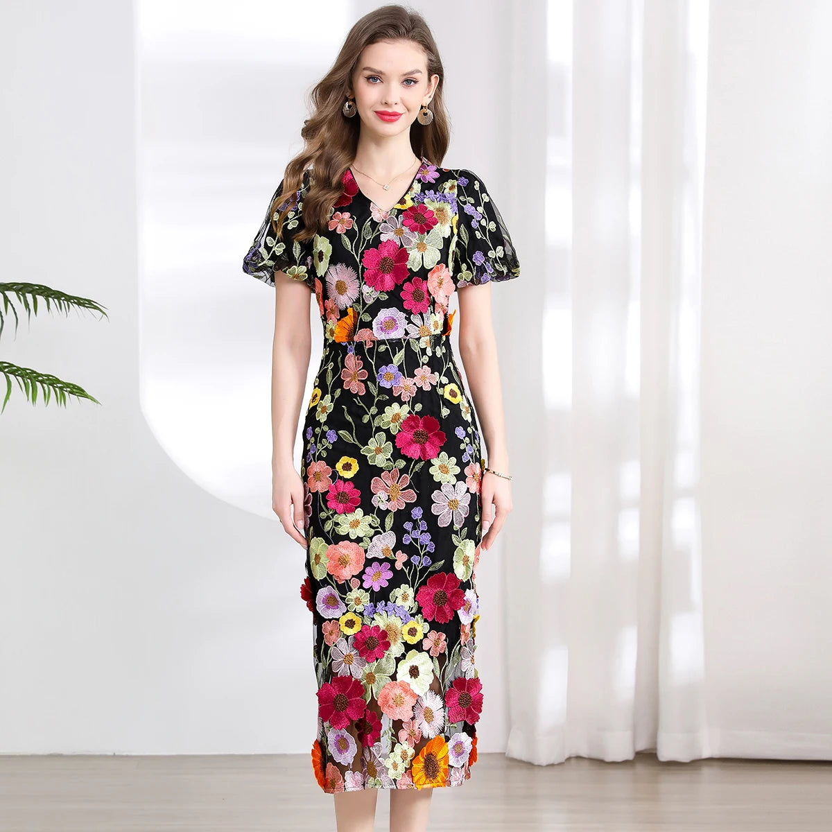 Summer High-end Embroidery Lace Prom Dress Women French Luxury 3D Flower Short Sleeve Long Dress Party Bodycon Holiday Vestido