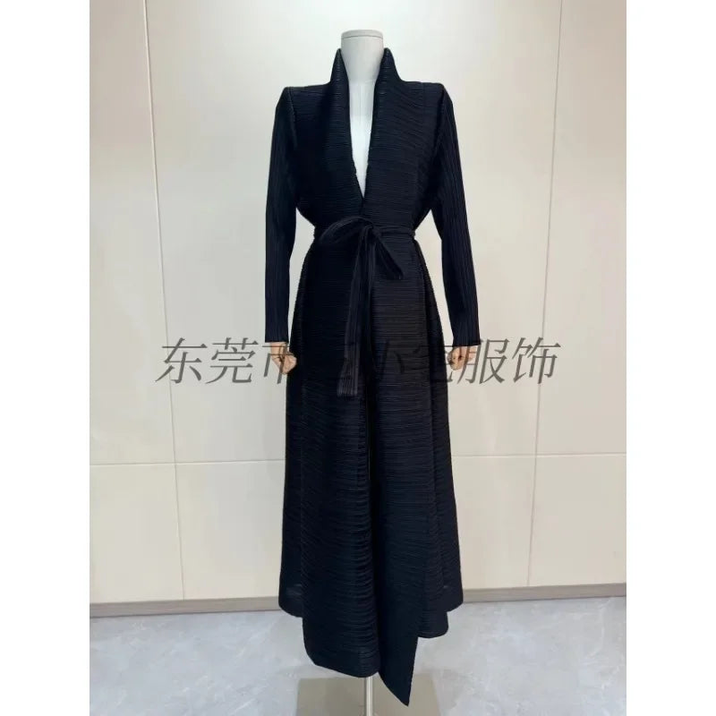 KAF Pleated Large Size Women Trench Coat 2024 Spring and Autumn New Vintage Printed Design Luxury Female Coat Arabian Abaya