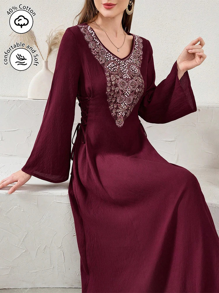 Rafiah Ramadan Emirati Lace-Up Long Sleeve Elegant Dress Crystal and Sequin Embellishments in Sober Burgundy for Women