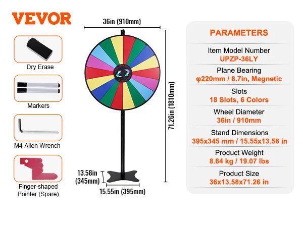 SucceBuy 18/24/36 inch Spinning Prize Wheel 14 Slots Spinning Wheel Tabletop Floor Standing Win Fortune Spin Games in Party Pub