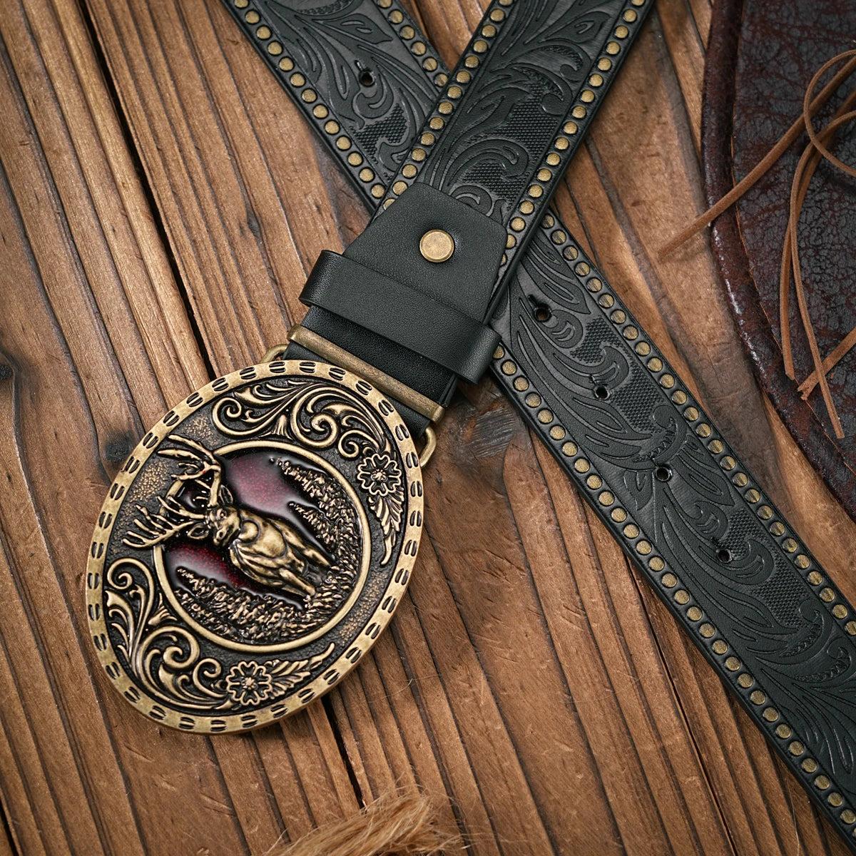 Men - Women - Western Denim - pu leather - Belt - Vintage jeans with floral carved buckle belt