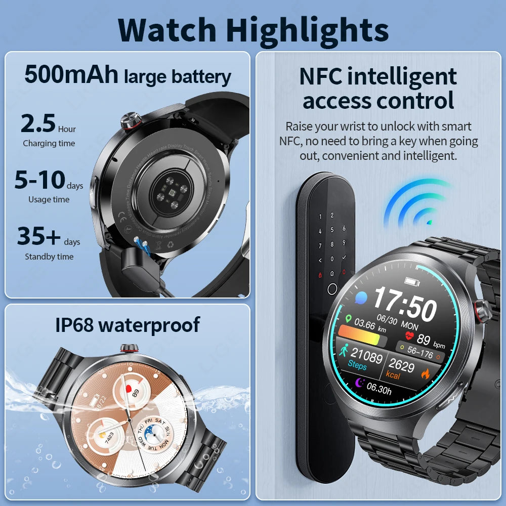 LIGE 2025 ECG Smart Watch Men 1.73” AMOLED Screen Emotional Detection Fatigue Monitoring Watches NFC Access Control Smartwatch