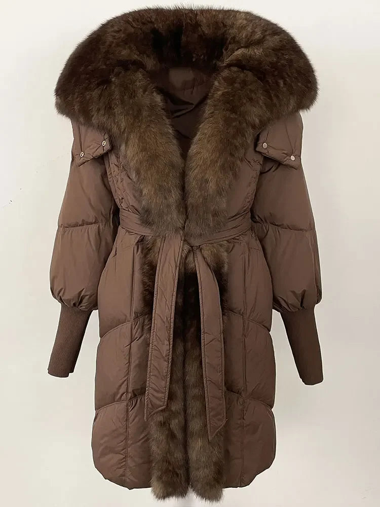 2025 Autumn Winter Women Coat Real Natural Fox Fur Long Down Jacket Thick Warm Casual Hooded White Duck Down Elegant Overwears
