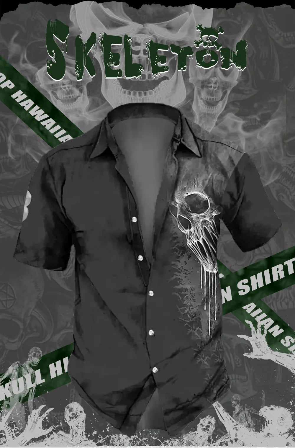 2023 Men's Shirts Lapel Streetwear Vintage Shirt For Men Skull Hip Hop Short Sleeve Top Party Summer Casual Hawaiian