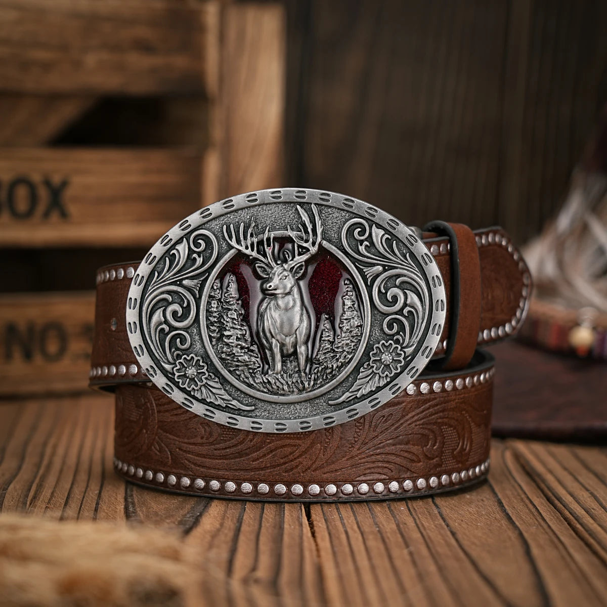 Men - Women - Western Denim - pu leather - Belt - Vintage jeans with floral carved buckle belt