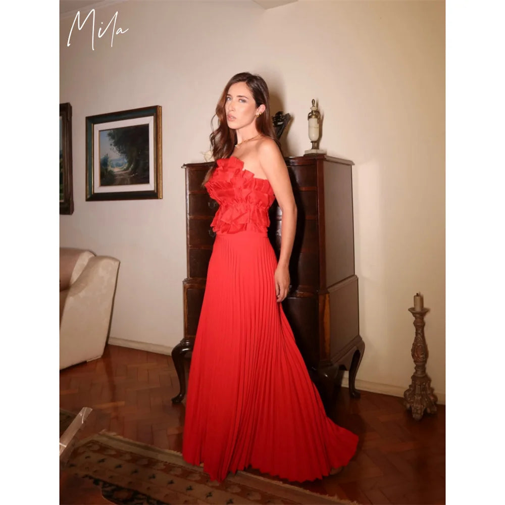 Mila Lace Strapless A-Line Prom Dresses 2025 Sleeveless Pleats Evening Dresses Elegant Floor-Length Customized Party Dresses